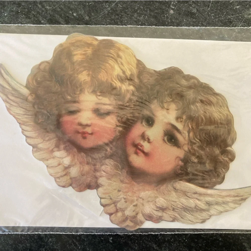 Shackman Old Fashioned Die Cut 2 Large Angel Heads Card NIP Victorian style